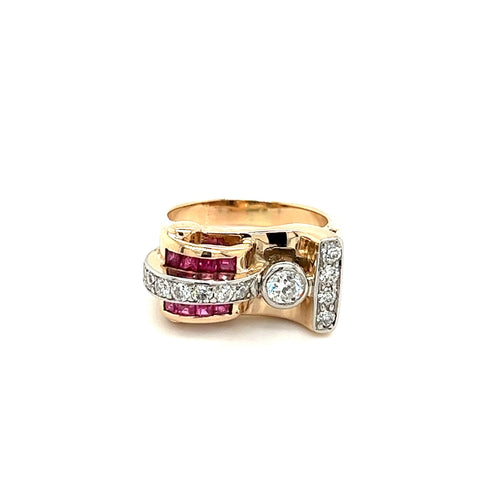 Vintage 14k Gold Retro Style Old Euro Cut Diamond and Baguette Cut Ruby Ring