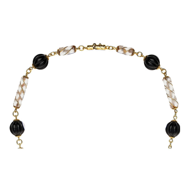 Vintage 18K Gold Tassel Necklace Quartz Black Onyx Diamond - 30 inches