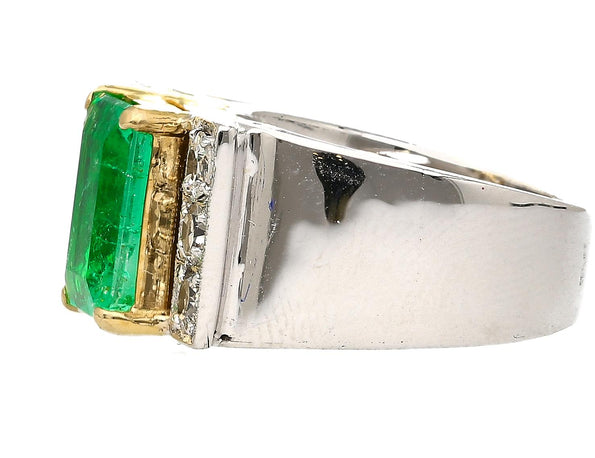 Vintage 3.04 Carat Emerald & Old Cut Diamond 18K Wide Shank Mens Ring