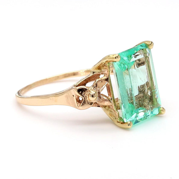Vintage 3.58 Carat Pastel Green Colombian Emerald 14K Gold Solitaire Scroll Ring