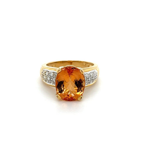 Vintage 6 Carat Oval Cut Orange Topaz and Round Cut Diamond Ring in 18K Solid Gold