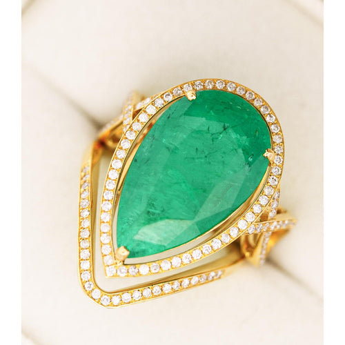 Vintage 9 Carat Pear Cut Zambian Emerald & Diamond Halo Ring Jacket in 18K Gold