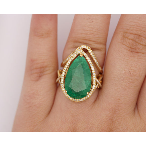 Vintage 9 Carat Pear Cut Zambian Emerald & Diamond Halo Ring Jacket in 18K Gold