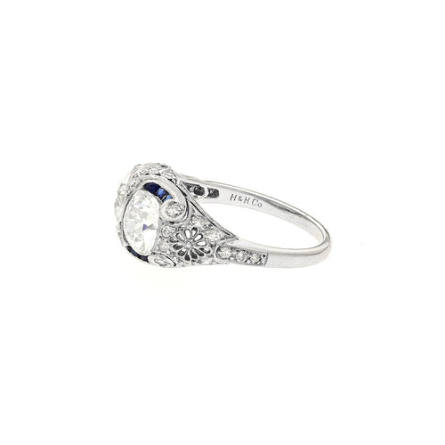 Vintage Art Deco 3 Carat Old Mine Cut Two Stone Double Diamond and Blue Sapphire Platinum Ring