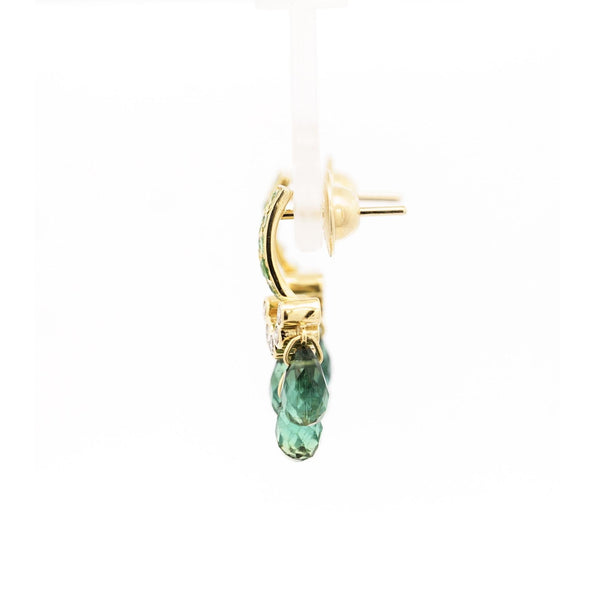 Vintage Briolette Cut Green Tourmaline & Diamond Dangling Stud Earrings in 18K