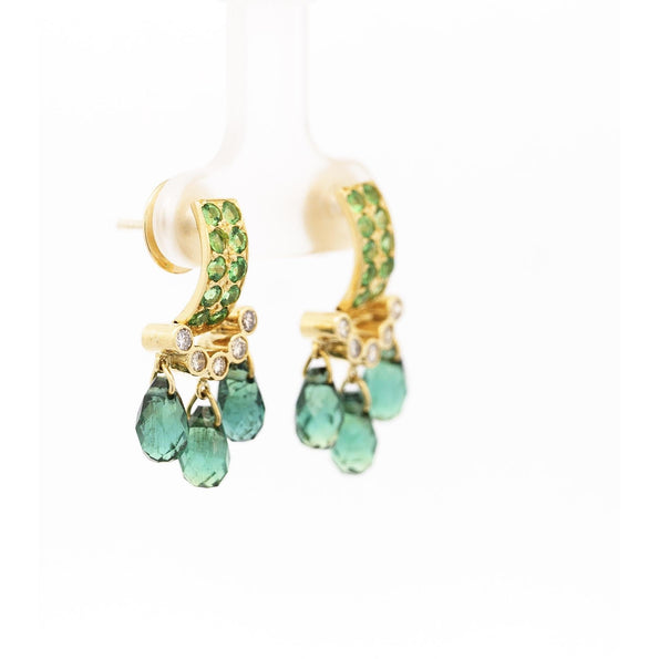 Vintage Briolette Cut Green Tourmaline & Diamond Dangling Stud Earrings in 18K