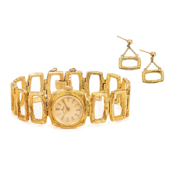 Vintage Bucherer 18K Gold Ladies Textured Square Link Bracelet Watch