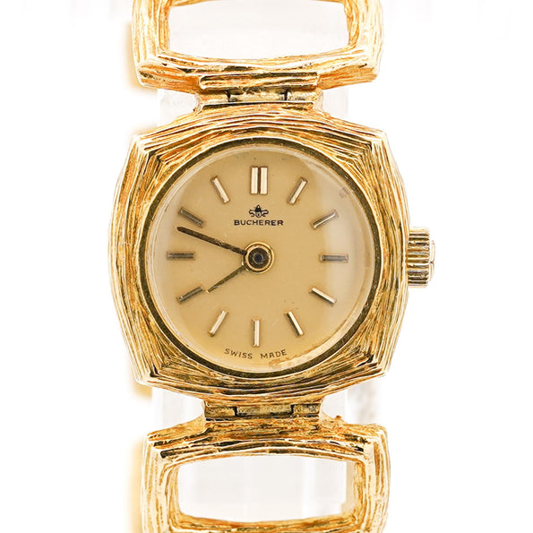 Vintage Bucherer 18K Gold Ladies Textured Square Link Bracelet Watch