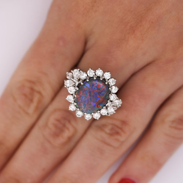 Vintage GIA Certified Black Opal Mixed Cut Diamond Halo 14K Cocktail Ring