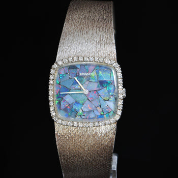 Vintage Longines Opal Mosaic Dial 34mm Diamond Bezel 18K White Gold Watch – Assay Jewelers