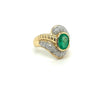 Vintage Natural Oval Cut Emerald & Diamond Ribbed Textured Bezel Set 18K Gold Ring