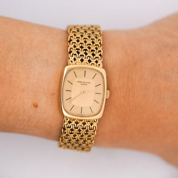 Vintage Patek Philippe 18K Gold Ladies Champagne Dial Mesh Bracelet Watch – Assay Jewelers