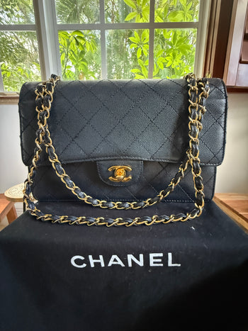 Vintage Rare Original Chanel Medium Classic Flap – Navy Blue Caviar Leather – Assay Jewelers
