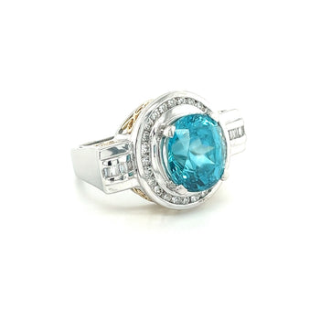 Vintage Retro Style 8 Carat Oval Cut Blue Zircon with Diamond Halo in Platinum & 18K Gold Filigree Set Ring – Assay Jewelers