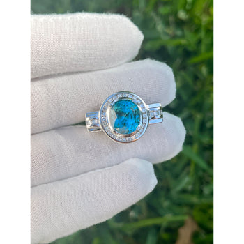 Vintage Retro Style 8 Carat Oval Cut Blue Zircon with Diamond Halo in Platinum & 18K Gold Filigree Set Ring – Assay Jewelers