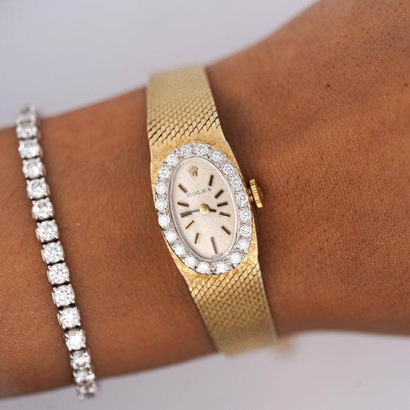 Vintage Rolex Precision 14K Yellow Gold Diamond Bezel Oval Manual Wind Watch