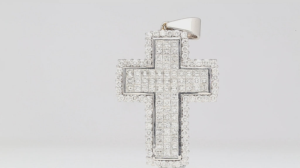 4.52 Carat Princess & Round Diamond 18K White Gold Pave Cross Pendant Necklace