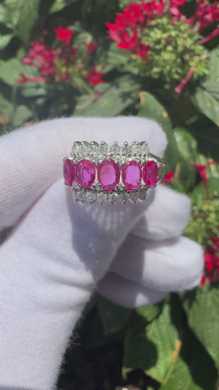 Natural Pink Ruby and Diamond Platinum Wedding Band 5 Stone Ring