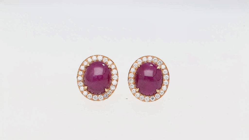 57.95 Carat Cabochon Cut Deep Pink Ruby & Diamond Halo Earrings & Necklace Set
