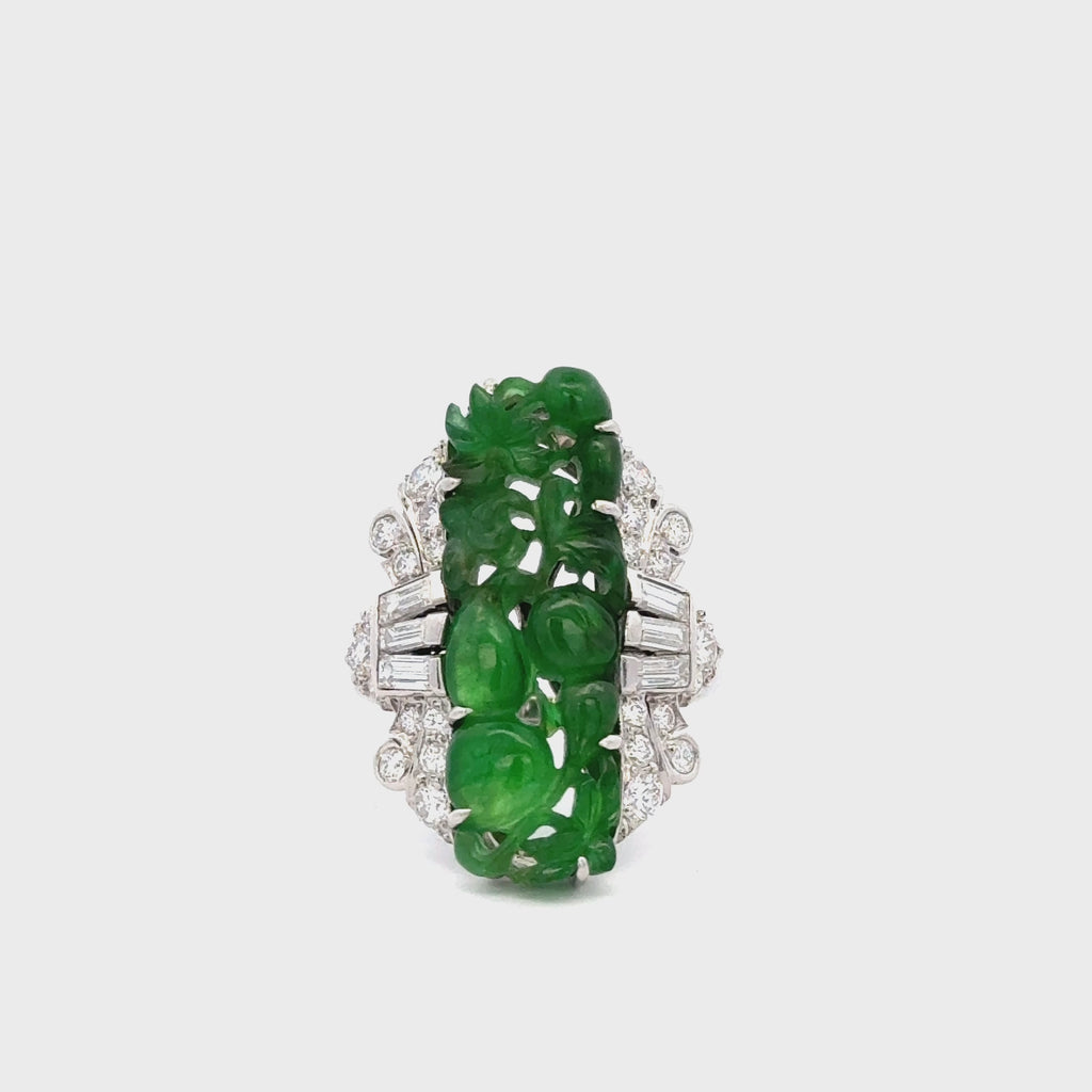 GIA Certified Vintage Carved Jadeite Jade & Diamond Statement Ring