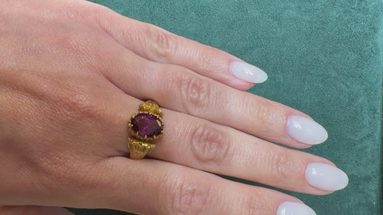 Vintage Oval Rodolite Garnet Victorian Revival in 18K Yellow Gold Solitaire Ring