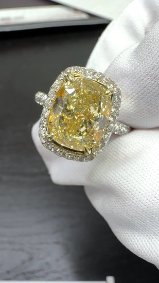 4.36 Carat Elongated Cushion Fancy Yellow Diamond Halo 18K Engagement Ring