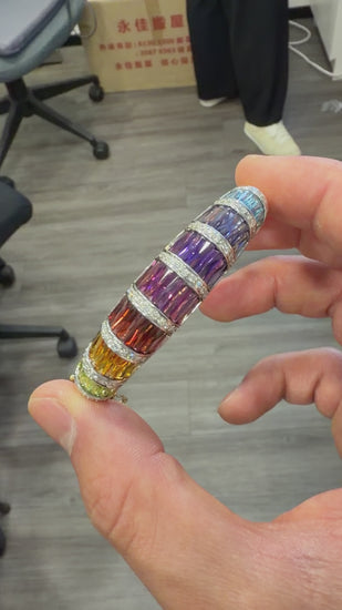 Rainbow Multi-Color Gemstone Baguette 18K Gold Band Bangle Bracelet