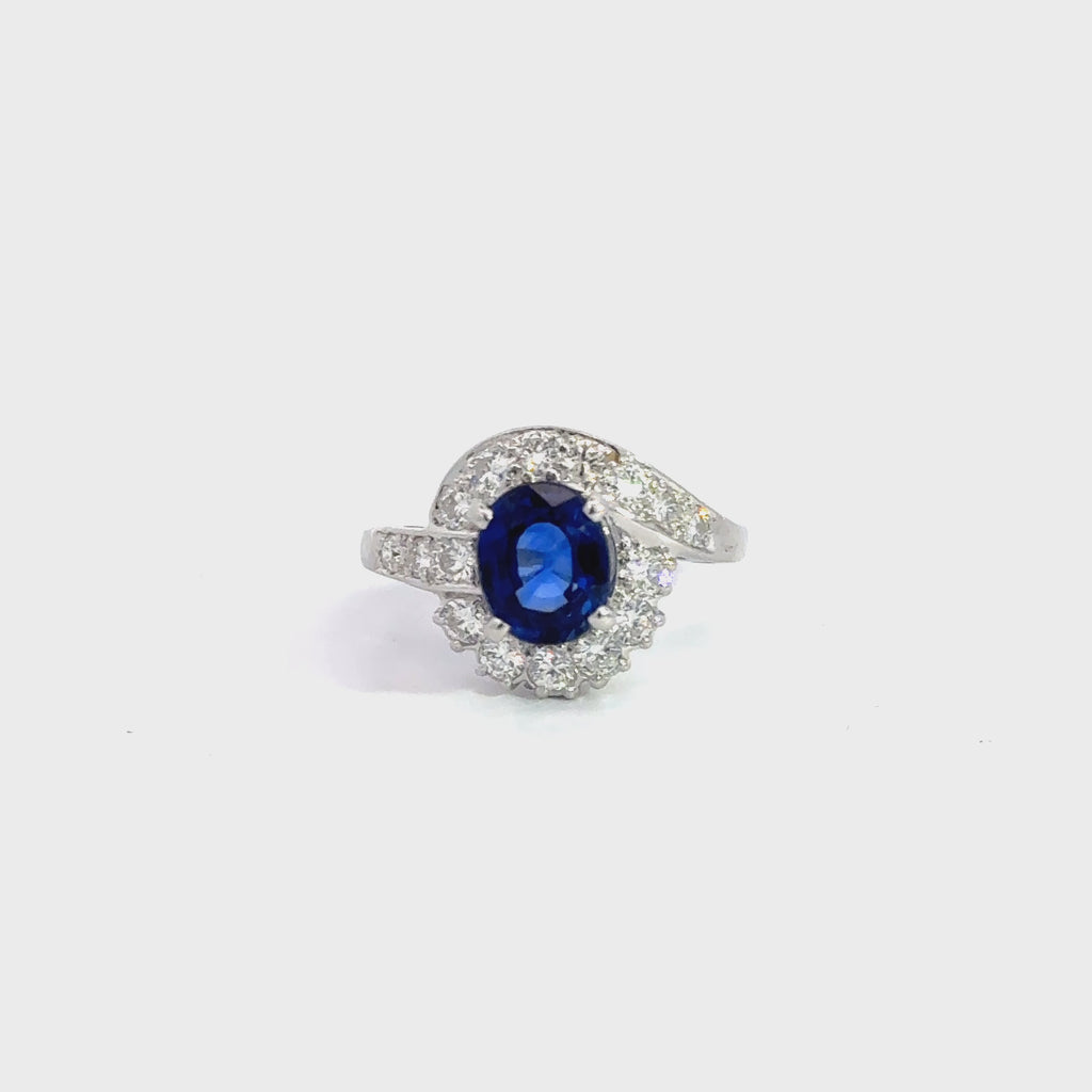 GIA Certified 2.18 Carat Oval Blue Sapphire & Diamond Platinum Bypass Halo Ring