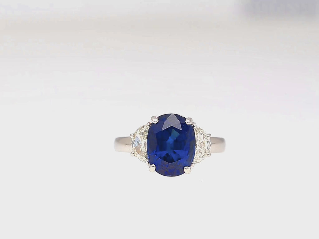 4.22 Carat Vivid Blue Oval Cut Sapphire & Diamond 3 Stone Ring