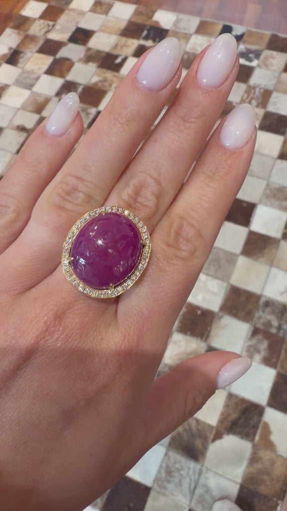 GRS Certified 48 Carat Star Ruby Cabochon & Diamond in 18K Rose Gold Halo Ring