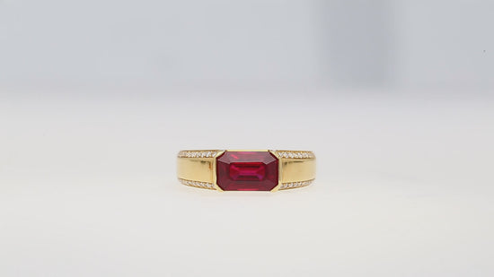 2.09 Carat Vivid Red Pigeon's Blood Burma Ruby Emerald Cut East-West Ring