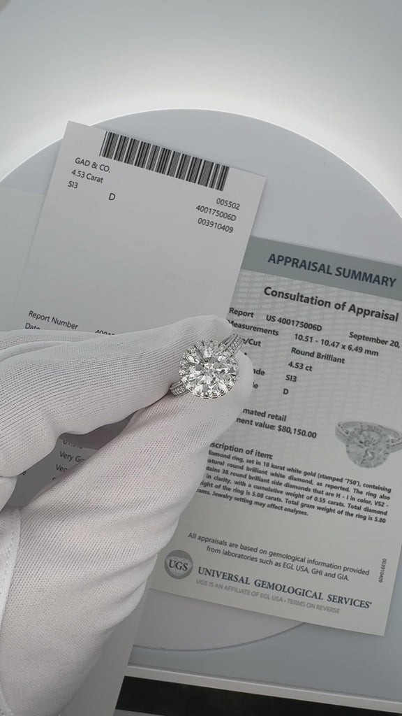 4.53 Carat Round Cut Diamond 18K White Floral Halo Engagement Ring