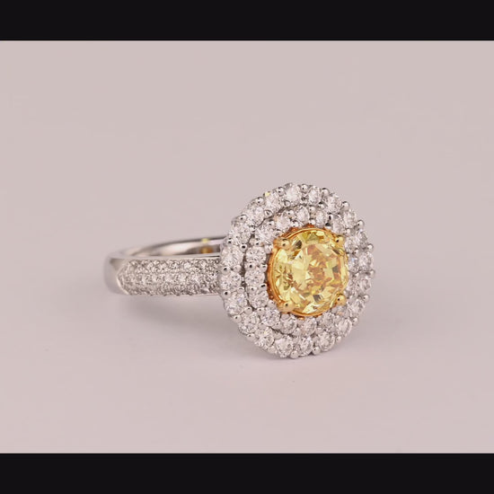 GIA Certified 1.65 Carat Fancy Intense Yellow Diamond Double Halo Ring