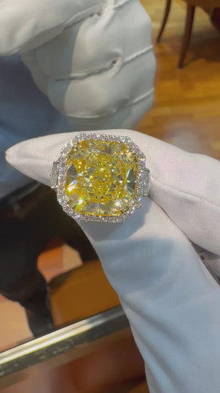 GIA Certified 13.14 Carat Fancy Intense Yellow Diamond VVS1 Halo 18K Ring